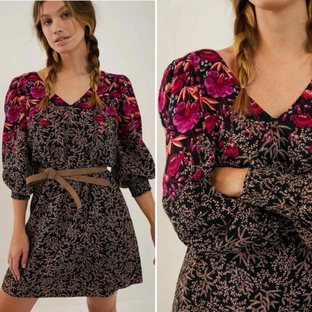 Anthropologie Cyree tunic mini dress floral black purple puff sleeves 6 - Picture 2 of 12